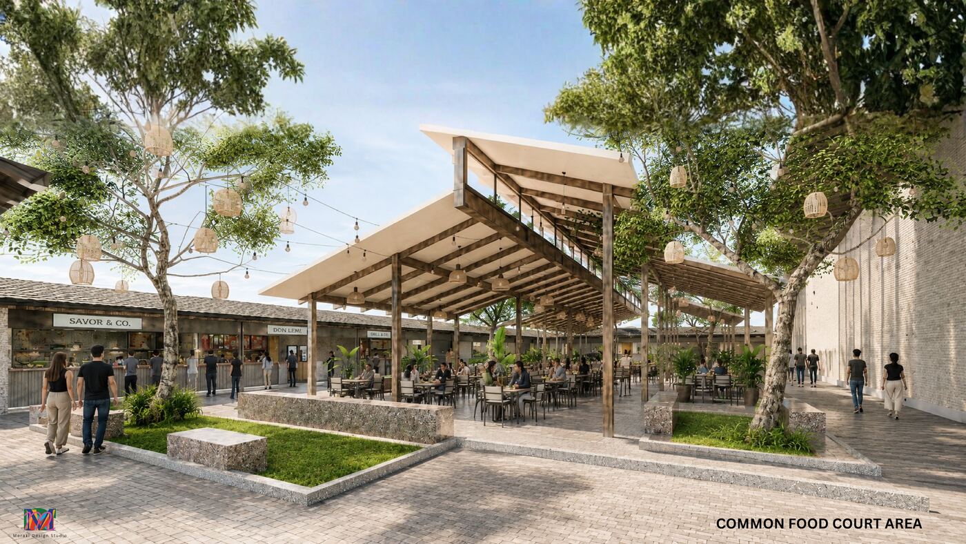 Common food court beneath timber canopies